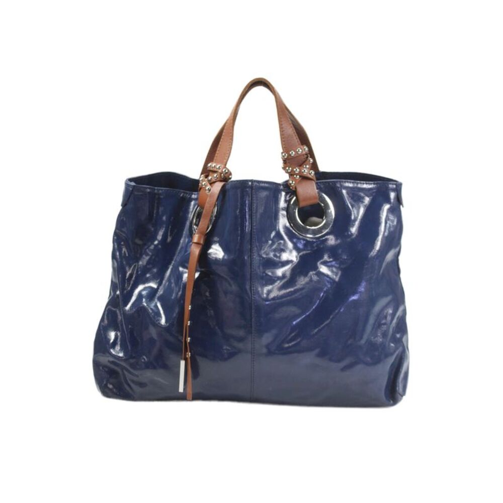 Nicoli Women's Zip Closure Leather Straps Tote Handbag Navy Blue